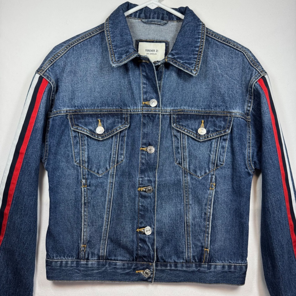 Forever 21 Denim Jacket Womens Striped Sleeve Jean Button Front‎ Sz Small No Tag